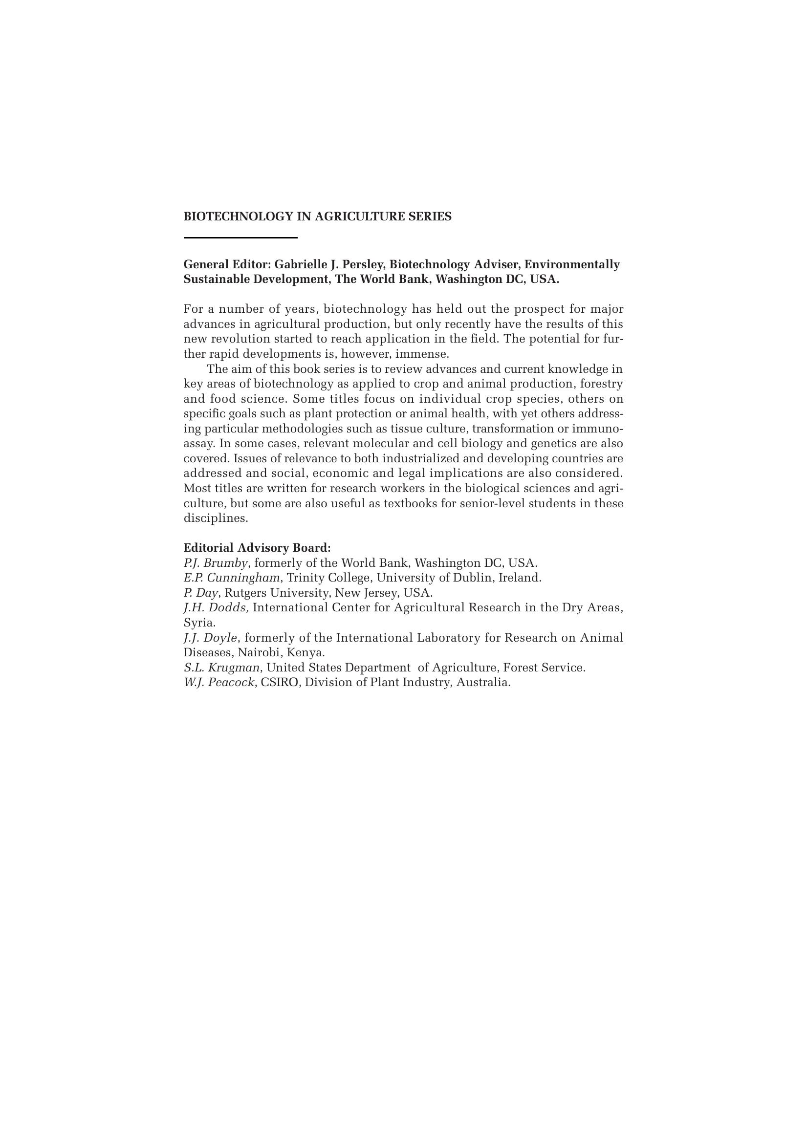 BIOTECHNOLOGY IN AGRICULTURE SERIES